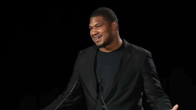 Feb 7, 2024; Las Vegas, NV, USA; Calais Campbell receives the NFLPA Alan Page Community Award at the NFLPA Press Conference at the Mandalay Bay Convention Center prior to Super Bowl LVIII.